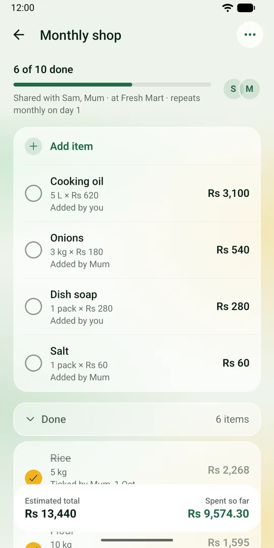 A shared list with its items, who added each one and what they cost