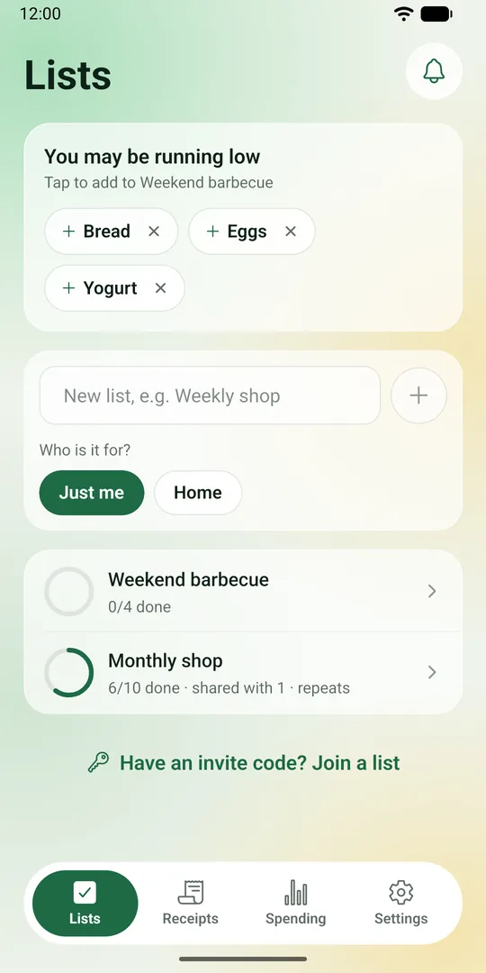 The Lists screen: your lists with how many items are done, and a card suggesting things you may be running low on